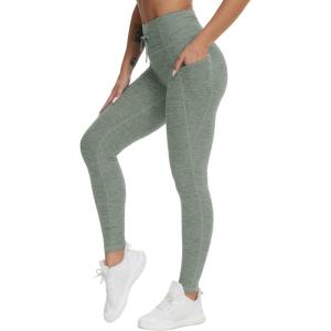 imageTHE GYM PEOPLE Womens High Waist Drawstring Stretchy Workout Leggings Ultra Soft Tummy Control Yoga Pants with PocketsGrey Green Heather