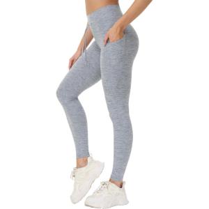 imageTHE GYM PEOPLE Womens High Waist Drawstring Stretchy Workout Leggings Ultra Soft Tummy Control Yoga Pants with PocketsLight Grey Heather
