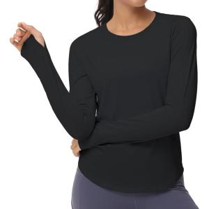 imageTHE GYM PEOPLE Womens Long Sleeve Workout Shirts Athletic Crewneck Hiking Tops with Thumb HoleBlack