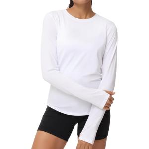 imageTHE GYM PEOPLE Womens Long Sleeve Workout Shirts Athletic Crewneck Hiking Tops with Thumb HoleWhite