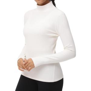 imageTHE GYM PEOPLE Womens Mock Turtleneck Long Sleeve Shirts Fleece Thermal Underwear Pullover Tops with Thumb HoleBeige