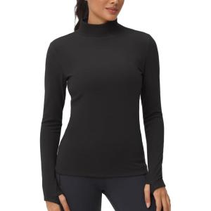 imageTHE GYM PEOPLE Womens Mock Turtleneck Long Sleeve Shirts Fleece Thermal Underwear Pullover Tops with Thumb HoleBlack