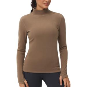 imageTHE GYM PEOPLE Womens Mock Turtleneck Long Sleeve Shirts Fleece Thermal Underwear Pullover Tops with Thumb HoleBrown