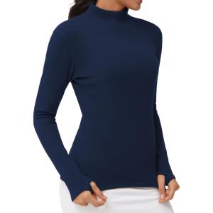 imageTHE GYM PEOPLE Womens Mock Turtleneck Long Sleeve Shirts Fleece Thermal Underwear Pullover Tops with Thumb HoleNavy Blue