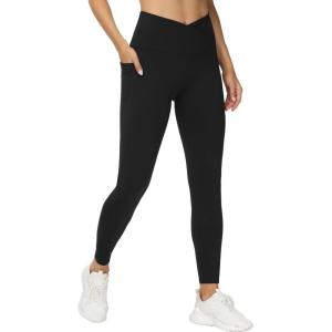 imageTHE GYM PEOPLE Womens V Cross Waist Workout Leggings Tummy Control Running Yoga Pants with PocketsBlack