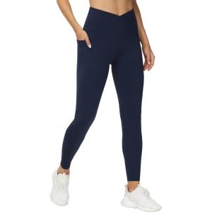 imageTHE GYM PEOPLE Womens V Cross Waist Workout Leggings Tummy Control Running Yoga Pants with PocketsBlue