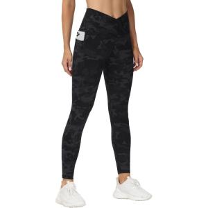 imageTHE GYM PEOPLE Womens V Cross Waist Workout Leggings Tummy Control Running Yoga Pants with PocketsBlueDark GreyBlack