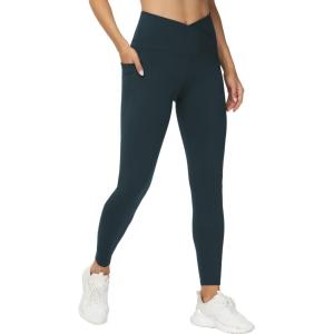 imageTHE GYM PEOPLE Womens V Cross Waist Workout Leggings Tummy Control Running Yoga Pants with PocketsCharcoal Grey