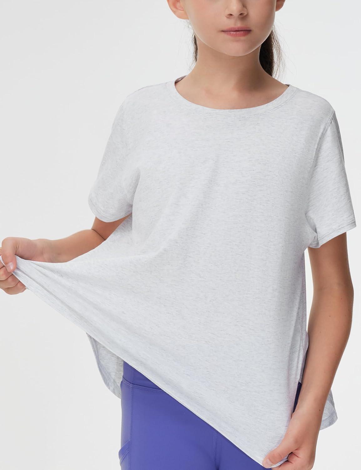 imageTHE GYM PEOPLE Girls Athletic Shirts Short Sleeve Workout Tops Kids Basic Tees with Side SlitsHeather White