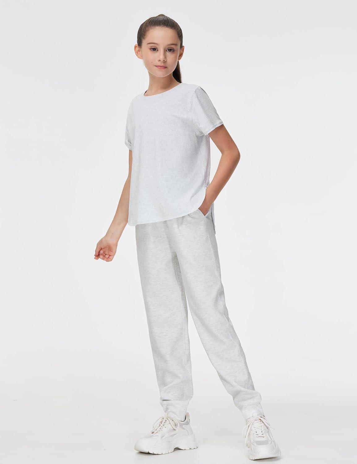 imageTHE GYM PEOPLE Girls Athletic Shirts Short Sleeve Workout Tops Kids Basic Tees with Side SlitsHeather White