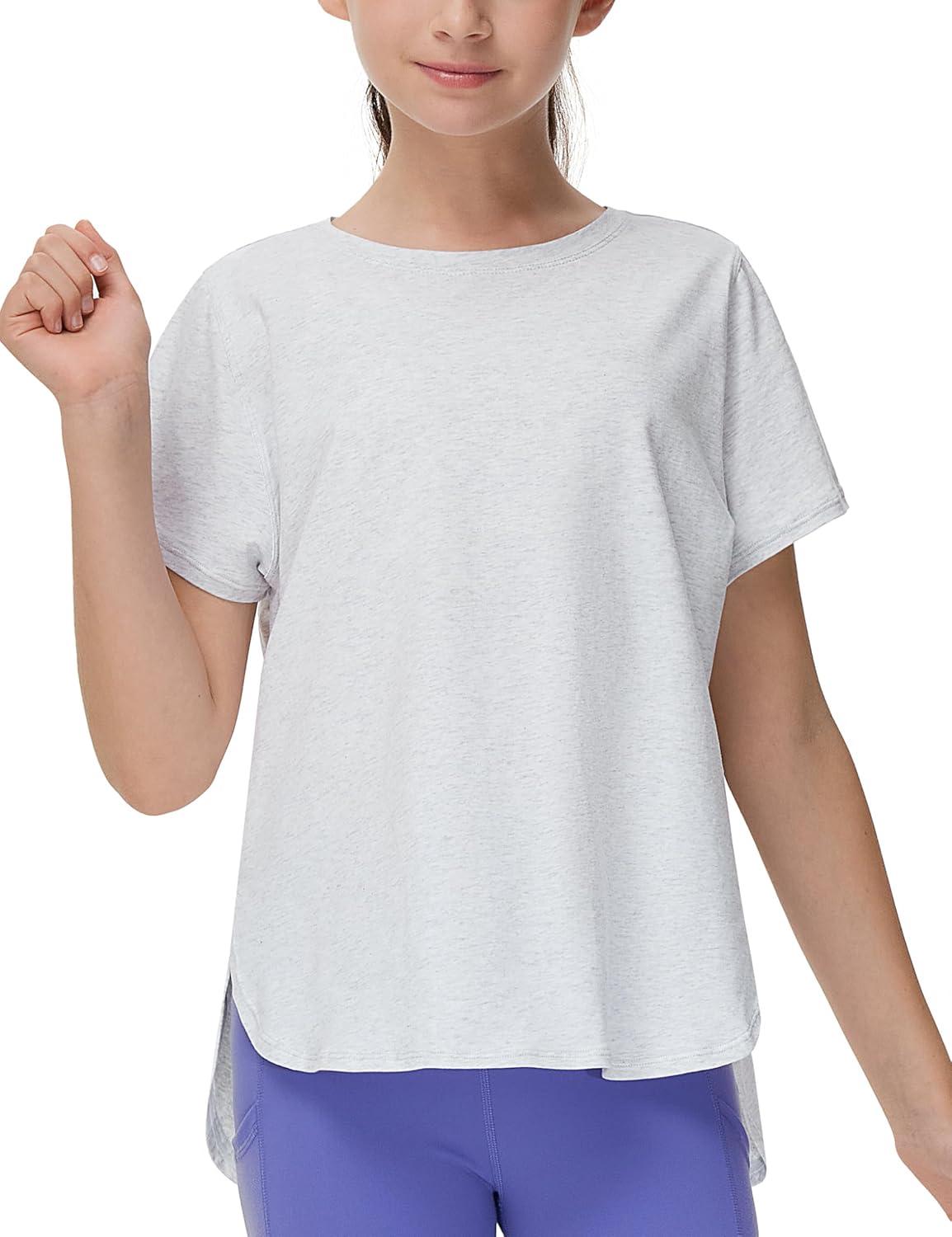 imageTHE GYM PEOPLE Girls Athletic Shirts Short Sleeve Workout Tops Kids Basic Tees with Side SlitsHeather White