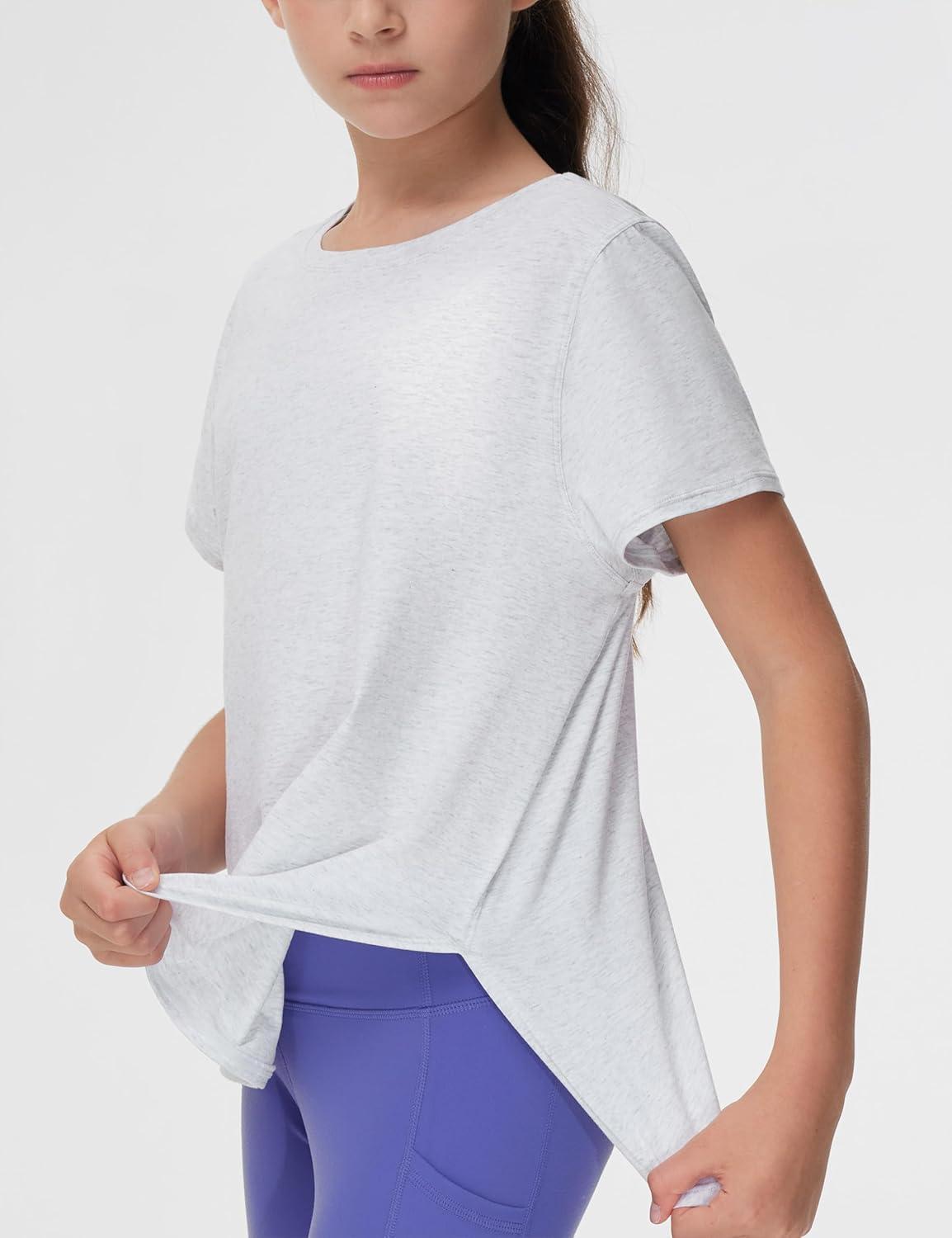 imageTHE GYM PEOPLE Girls Athletic Shirts Short Sleeve Workout Tops Kids Basic Tees with Side SlitsHeather White