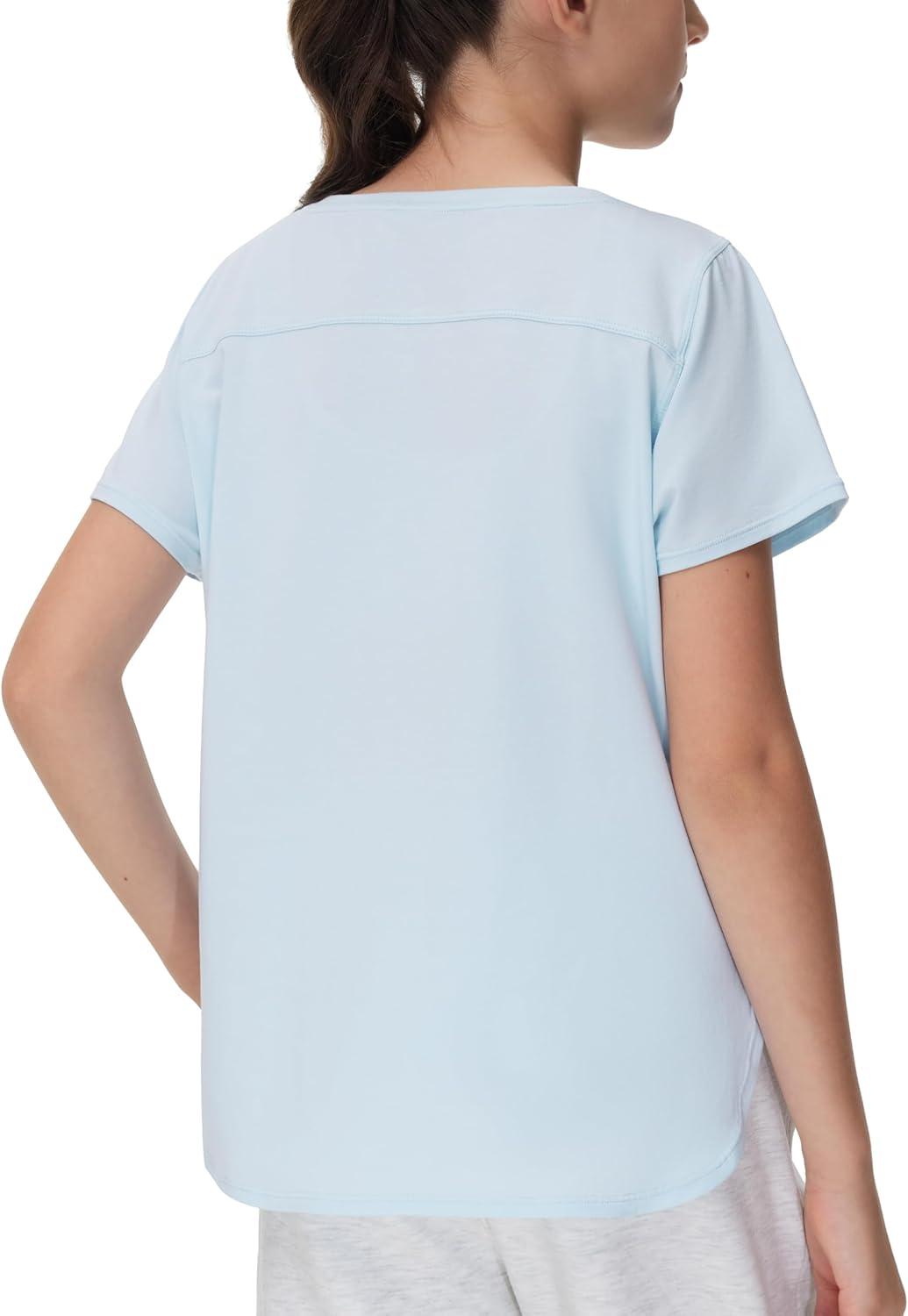 imageTHE GYM PEOPLE Girls Athletic Shirts Short Sleeve Workout Tops Kids Basic Tees with Side SlitsLight Blue