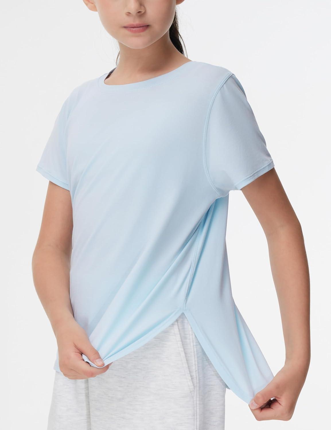 imageTHE GYM PEOPLE Girls Athletic Shirts Short Sleeve Workout Tops Kids Basic Tees with Side SlitsLight Blue