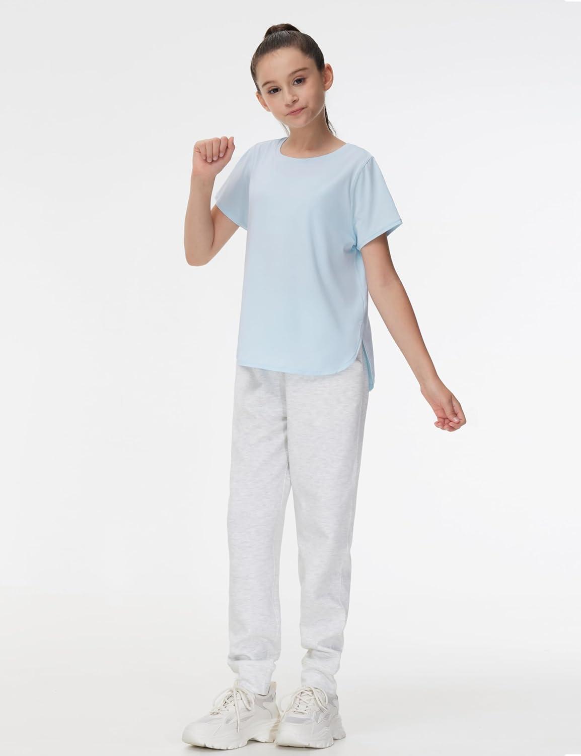 imageTHE GYM PEOPLE Girls Athletic Shirts Short Sleeve Workout Tops Kids Basic Tees with Side SlitsLight Blue