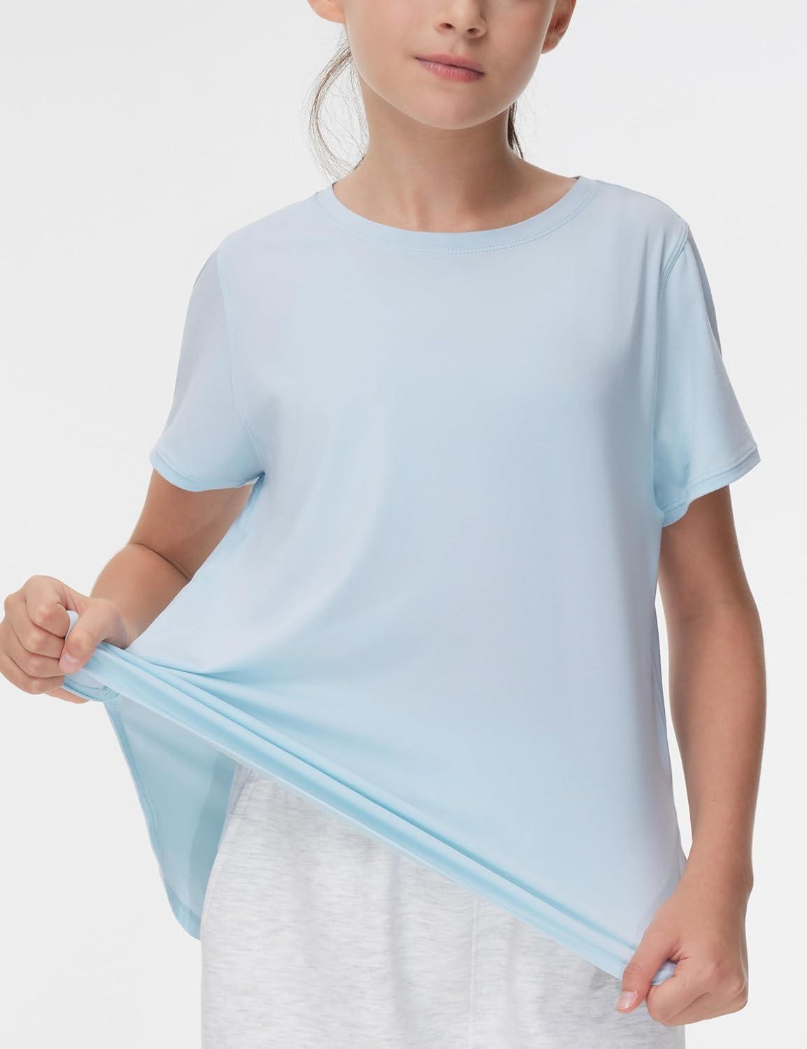imageTHE GYM PEOPLE Girls Athletic Shirts Short Sleeve Workout Tops Kids Basic Tees with Side SlitsLight Blue