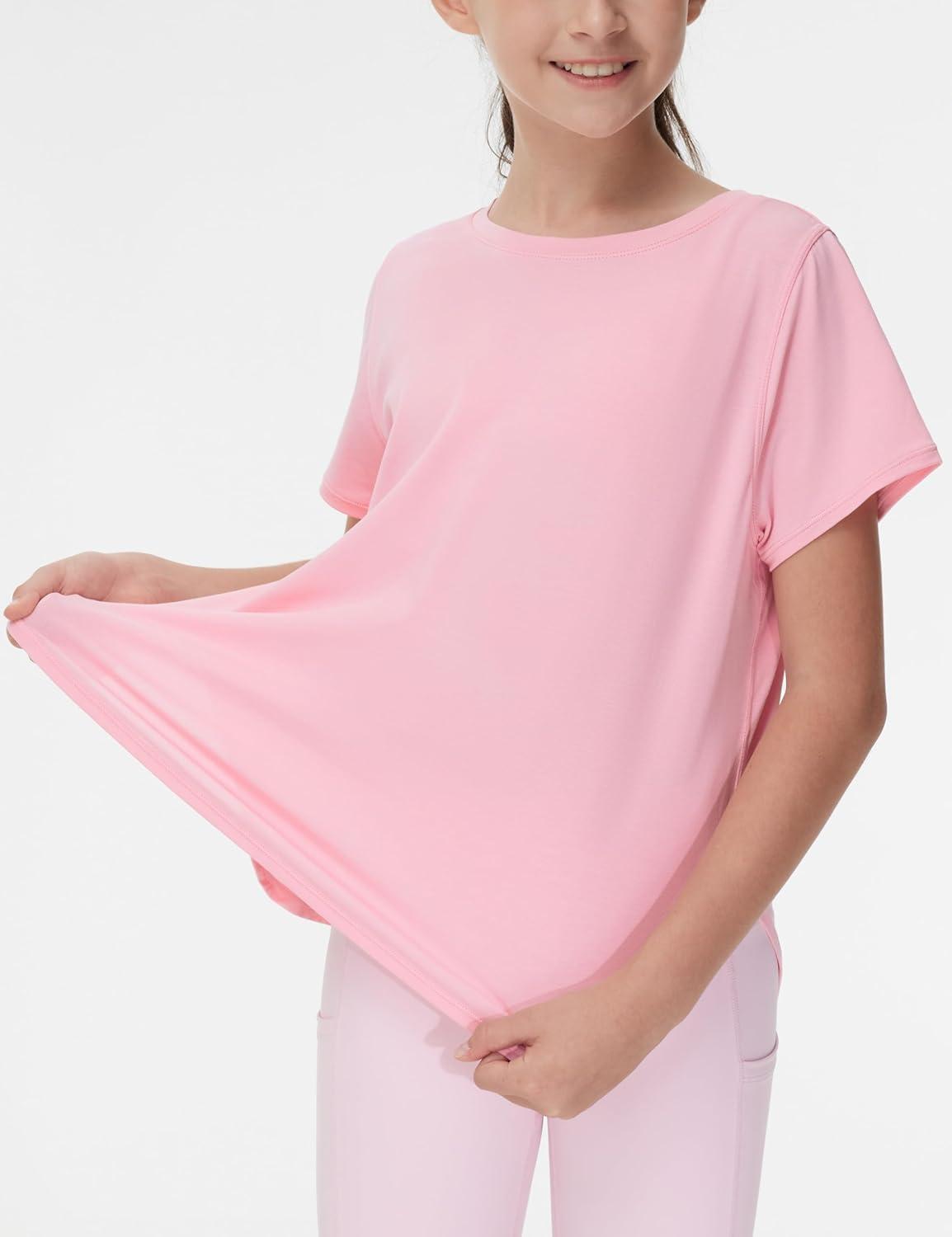 imageTHE GYM PEOPLE Girls Athletic Shirts Short Sleeve Workout Tops Kids Basic Tees with Side SlitsPink