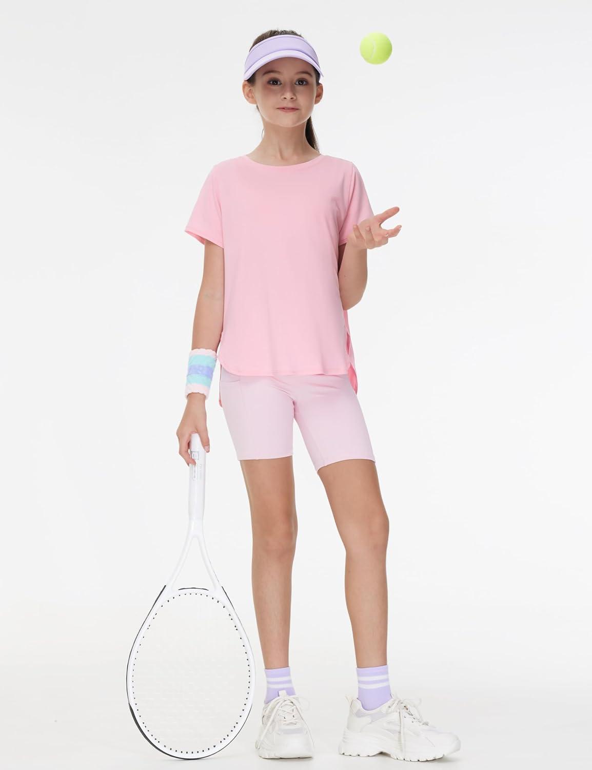 imageTHE GYM PEOPLE Girls Athletic Shirts Short Sleeve Workout Tops Kids Basic Tees with Side SlitsPink