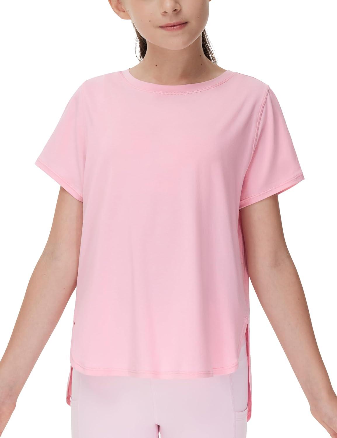 imageTHE GYM PEOPLE Girls Athletic Shirts Short Sleeve Workout Tops Kids Basic Tees with Side SlitsPink