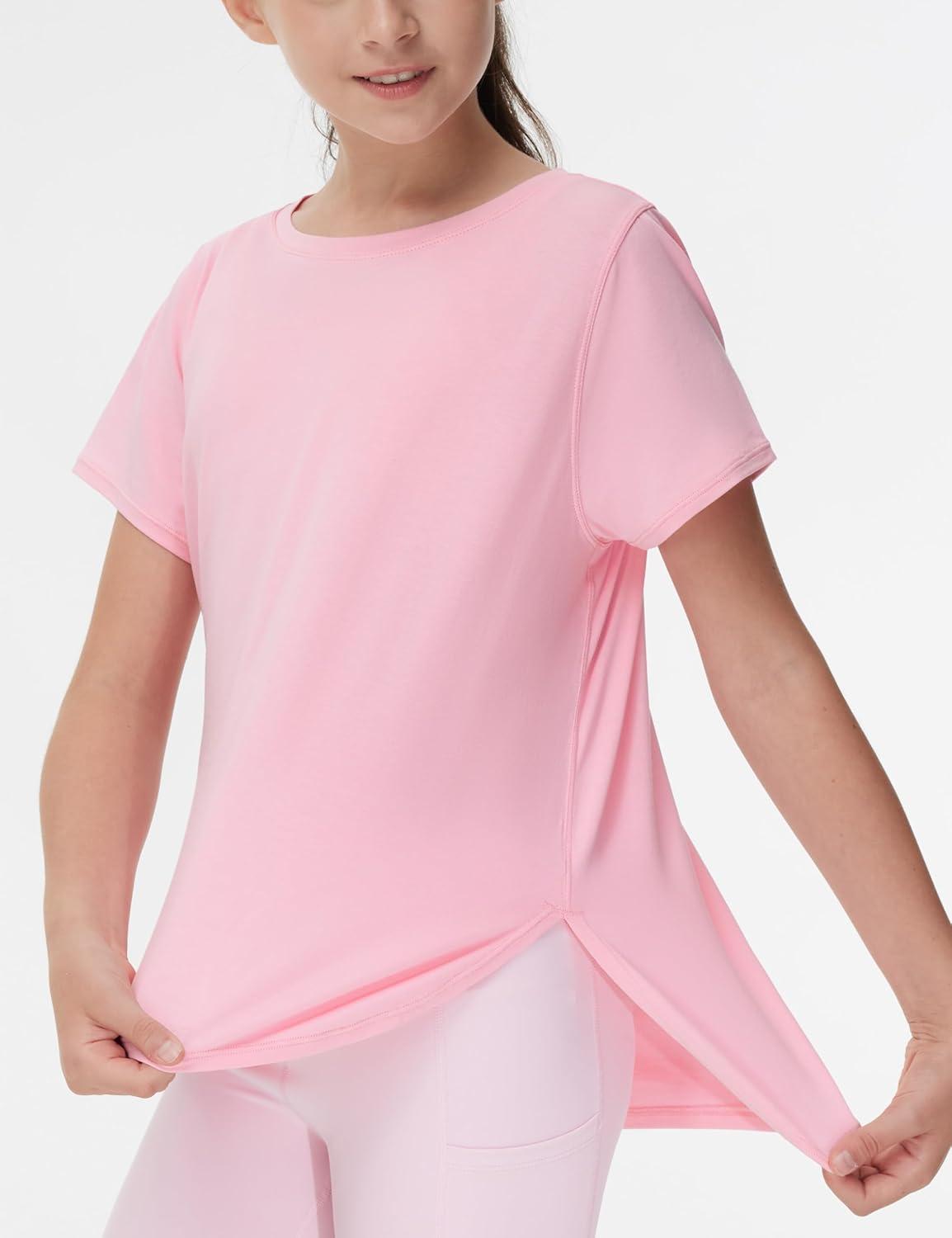 imageTHE GYM PEOPLE Girls Athletic Shirts Short Sleeve Workout Tops Kids Basic Tees with Side SlitsPink