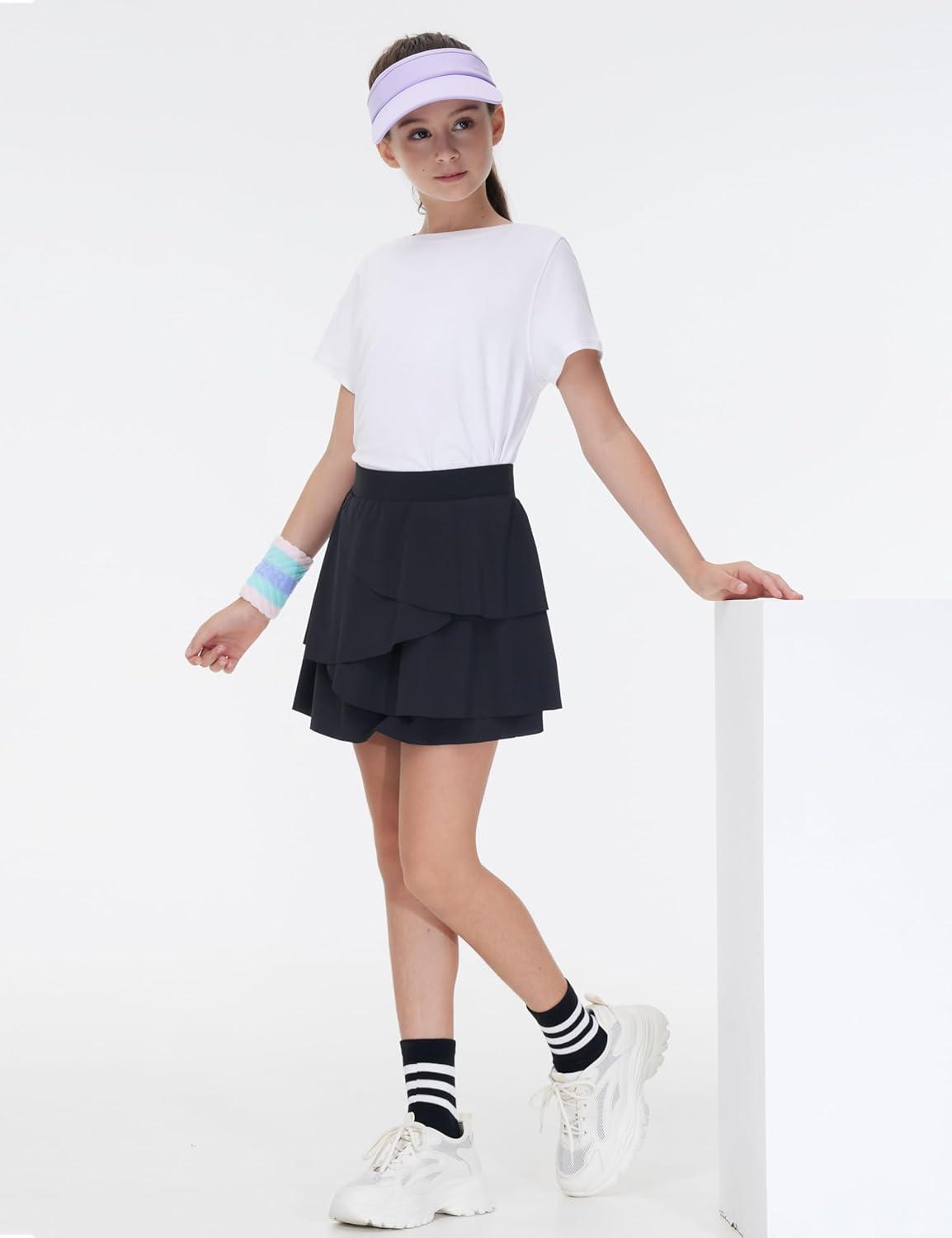 imageTHE GYM PEOPLE Girls Athletic Shirts Short Sleeve Workout Tops Kids Basic Tees with Side SlitsWhite