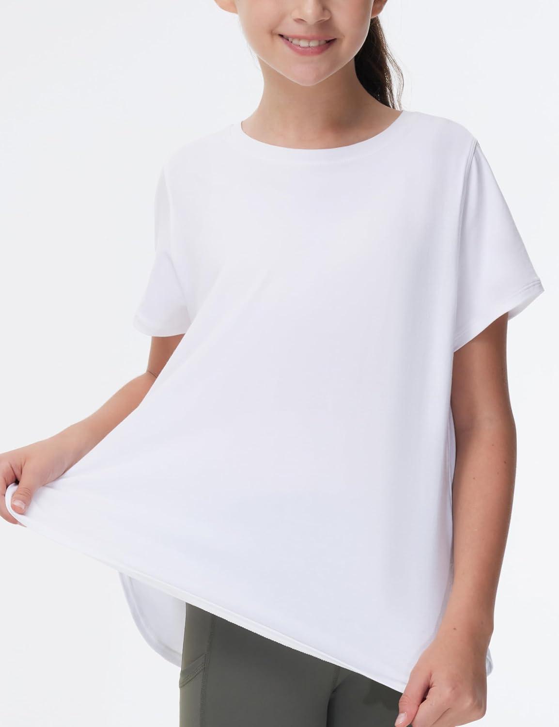 imageTHE GYM PEOPLE Girls Athletic Shirts Short Sleeve Workout Tops Kids Basic Tees with Side SlitsWhite