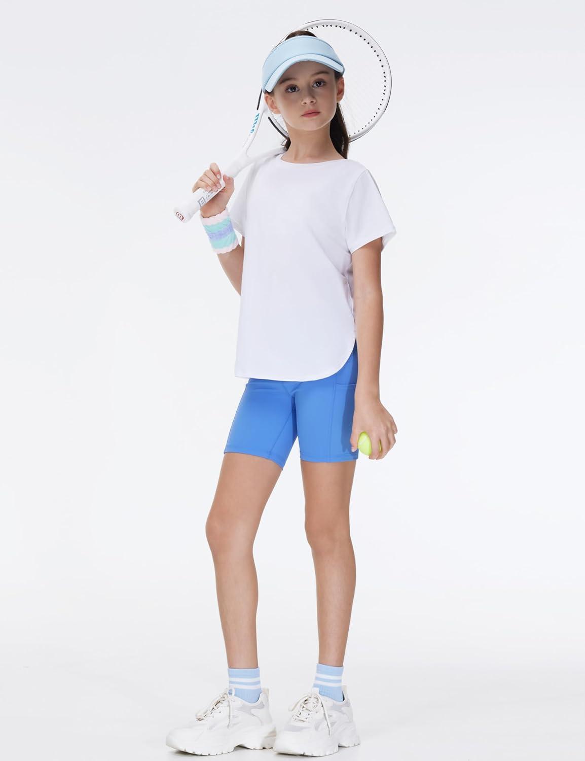 imageTHE GYM PEOPLE Girls Athletic Shirts Short Sleeve Workout Tops Kids Basic Tees with Side SlitsWhite