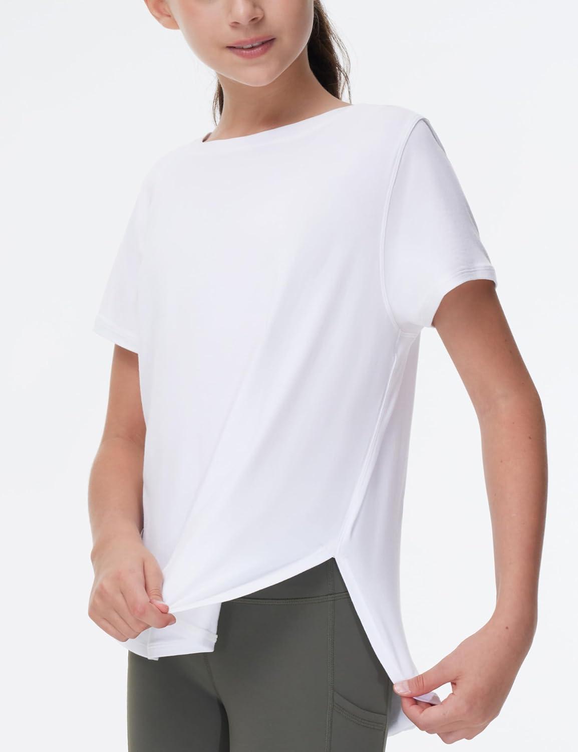 imageTHE GYM PEOPLE Girls Athletic Shirts Short Sleeve Workout Tops Kids Basic Tees with Side SlitsWhite
