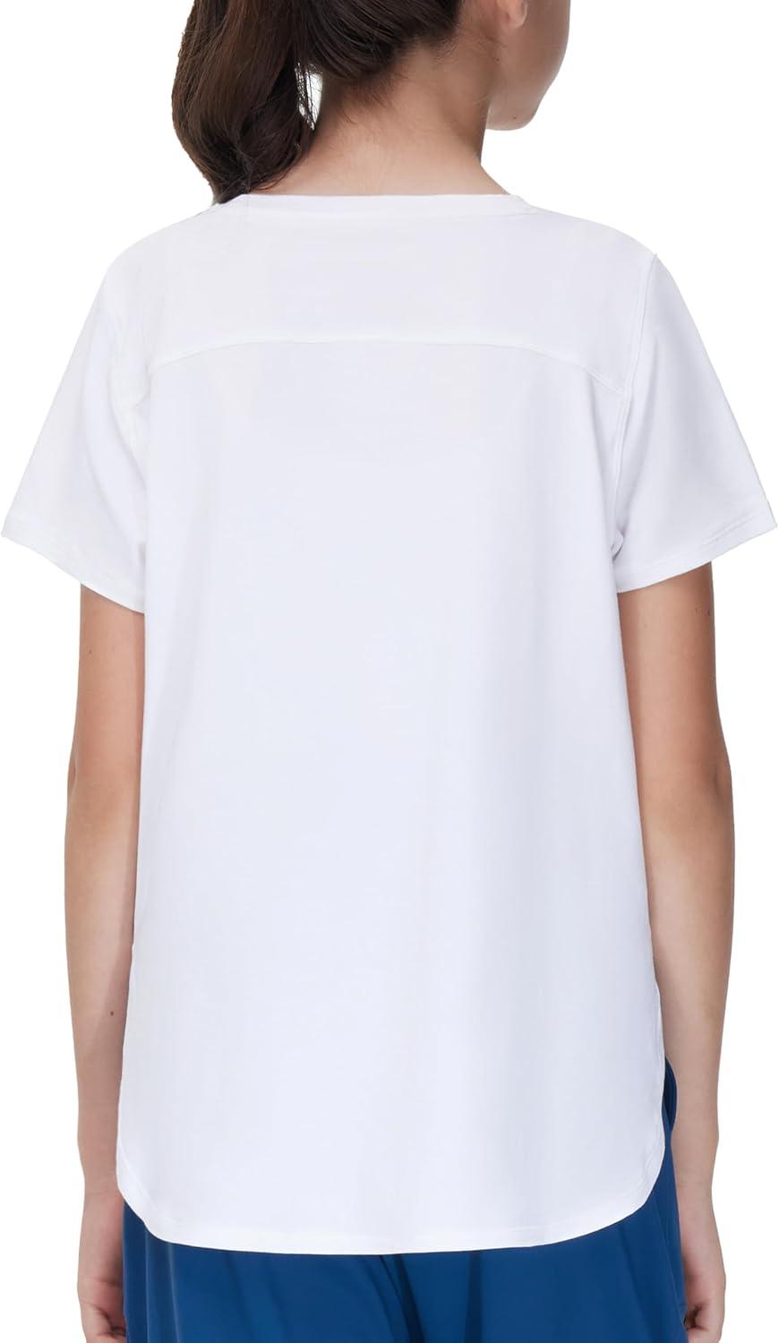 imageTHE GYM PEOPLE Girls Athletic Shirts Short Sleeve Workout Tops Kids Basic Tees with Side SlitsWhite