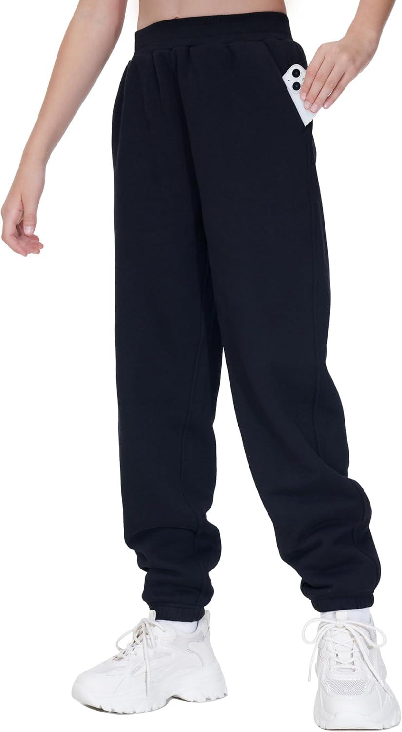 imageTHE GYM PEOPLE Girls Fleece Tapered Workout Sweatpants Warm Soft Athletic Joggers Pants with PocketsBlack