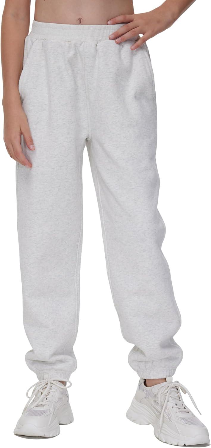 imageTHE GYM PEOPLE Girls Fleece Tapered Workout Sweatpants Warm Soft Athletic Joggers Pants with PocketsHeather White