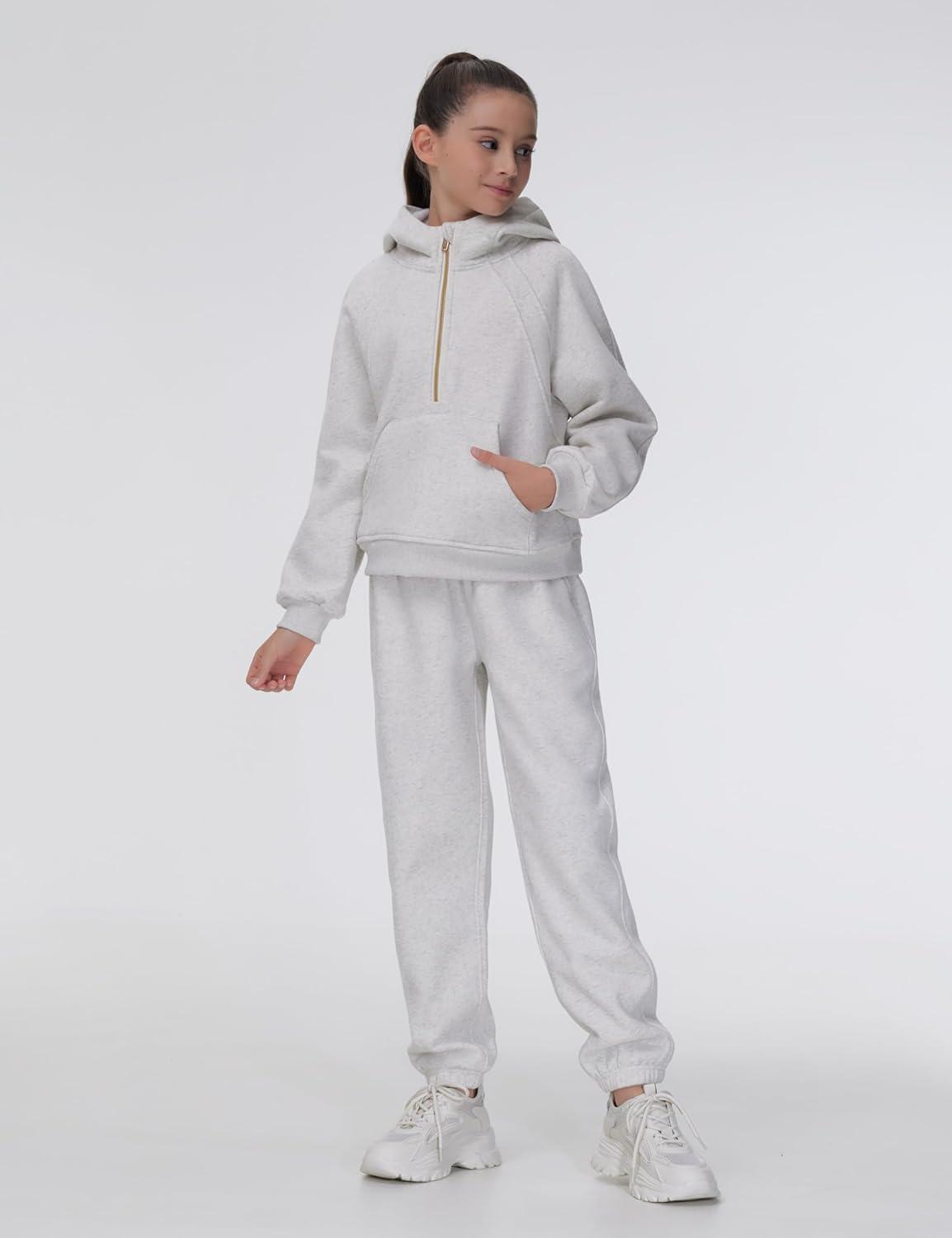 imageTHE GYM PEOPLE Girls Fleece Tapered Workout Sweatpants Warm Soft Athletic Joggers Pants with PocketsHeather White