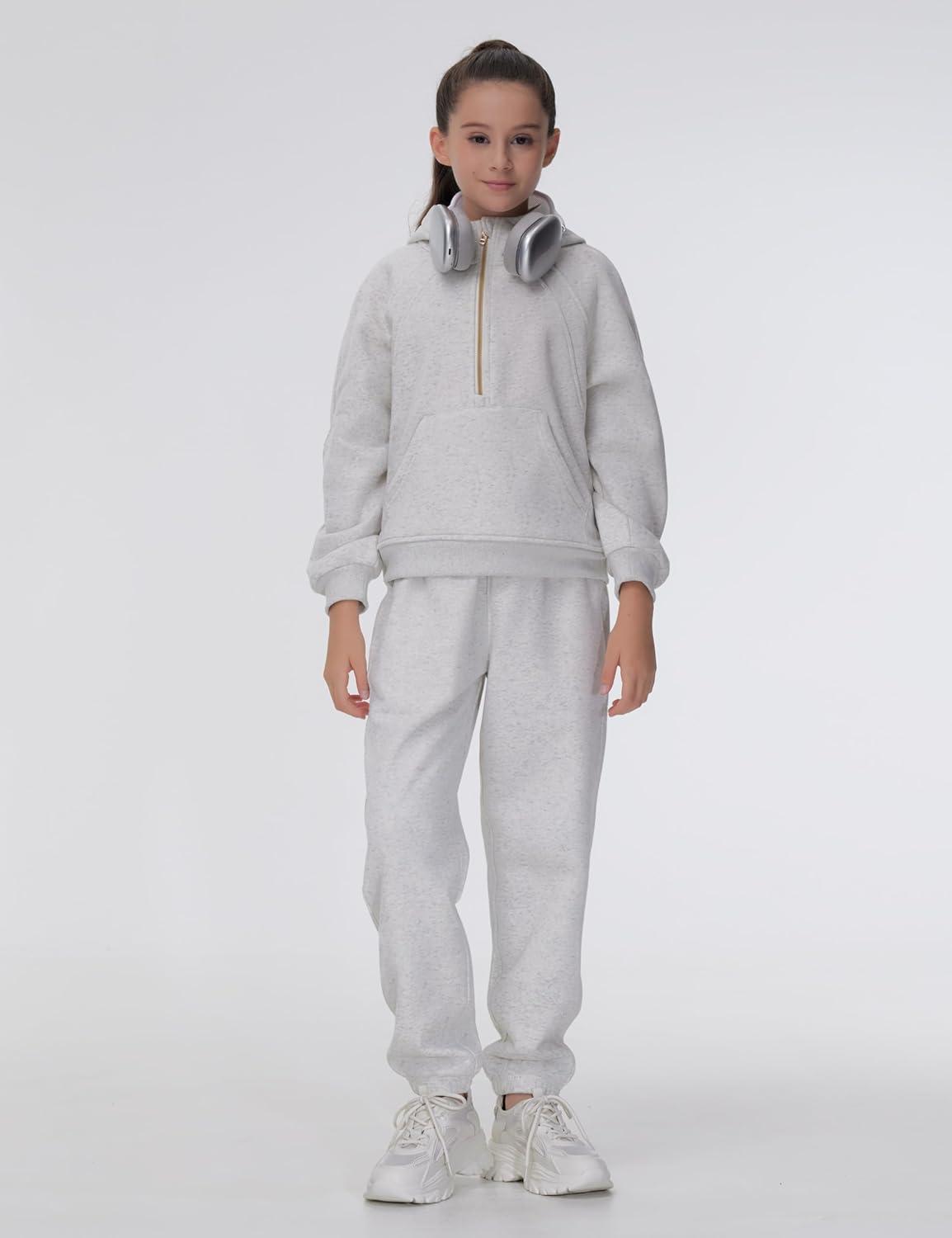 imageTHE GYM PEOPLE Girls Fleece Tapered Workout Sweatpants Warm Soft Athletic Joggers Pants with PocketsHeather White