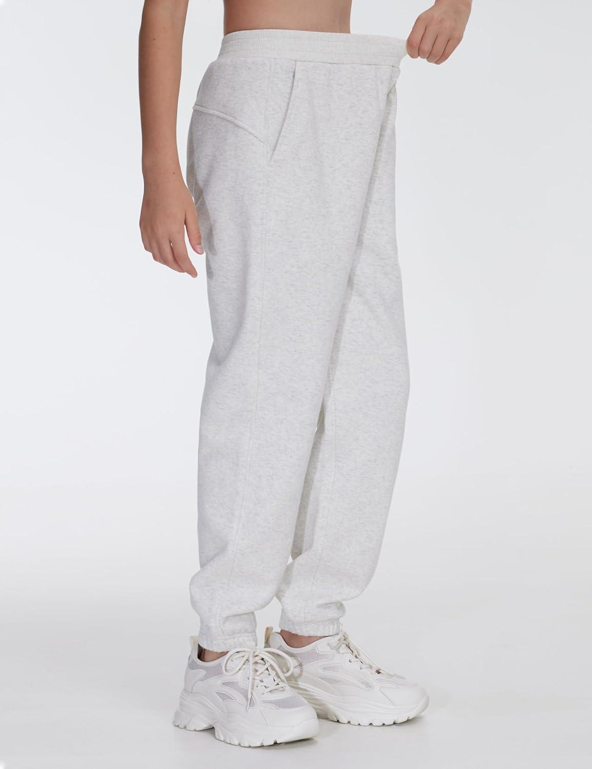 imageTHE GYM PEOPLE Girls Fleece Tapered Workout Sweatpants Warm Soft Athletic Joggers Pants with PocketsHeather White
