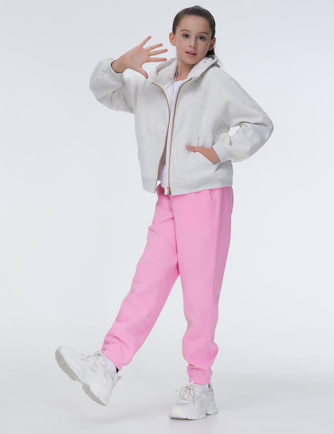 imageTHE GYM PEOPLE Girls Fleece Tapered Workout Sweatpants Warm Soft Athletic Joggers Pants with PocketsPink
