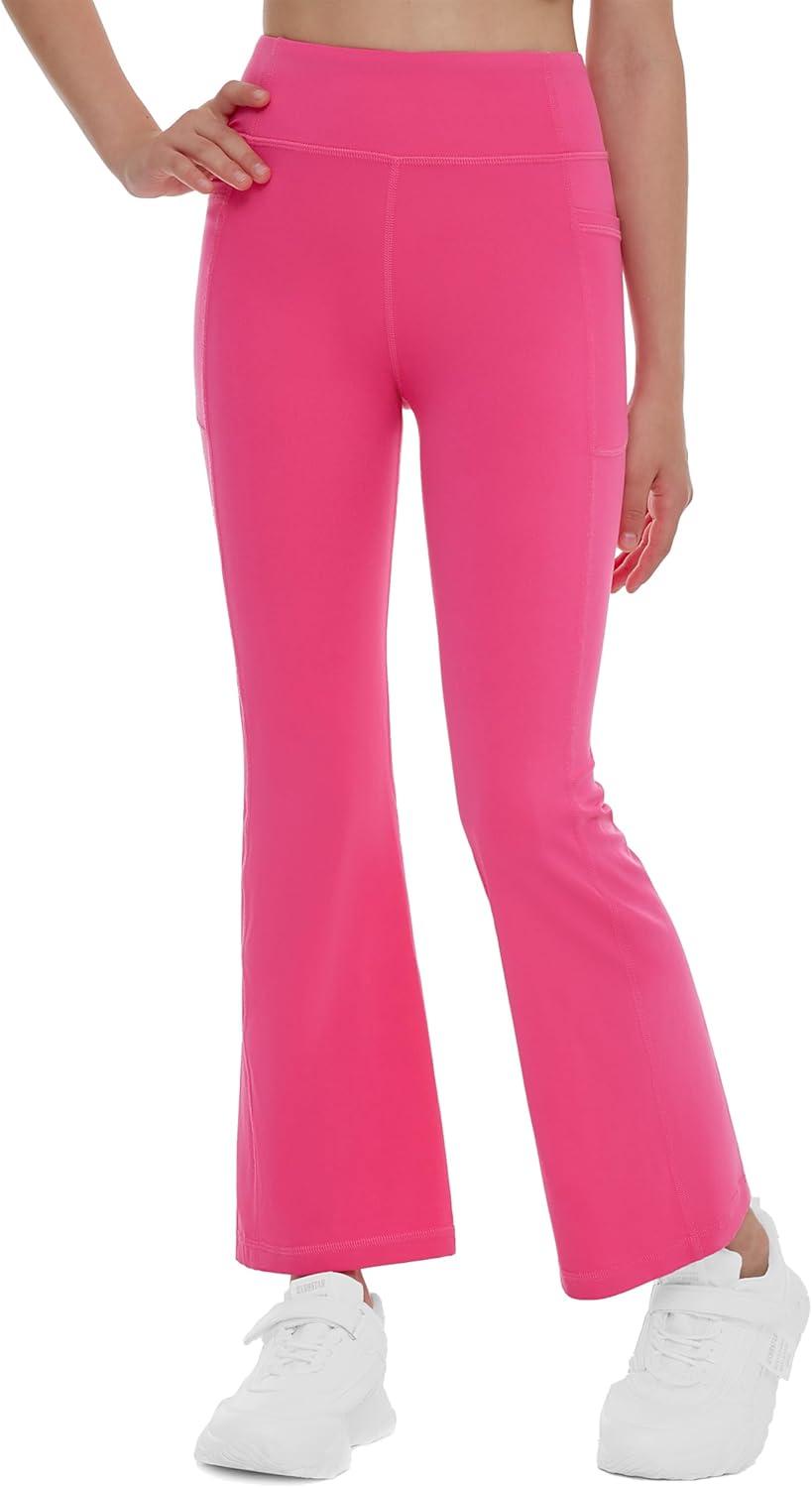 imageTHE GYM PEOPLE Girls High Waisted Flare Leggings Kids Workout Bootcut Yoga Pants with Pockets