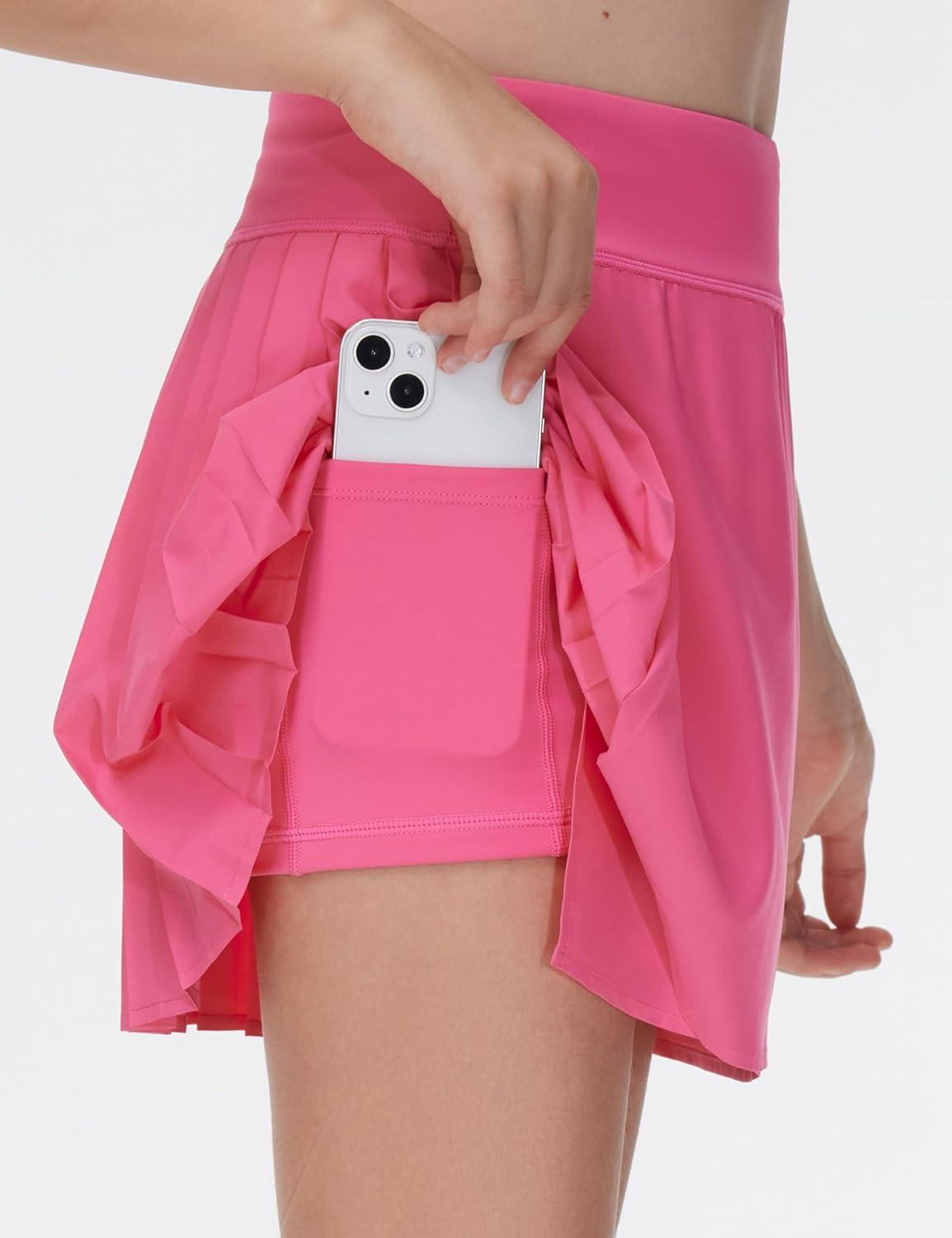 imageTHE GYM PEOPLE Girls Pleated Tennis Skirts 2 in 1 Kids Athletic Running Golf Skorts with Shorts PocketsBright Pink