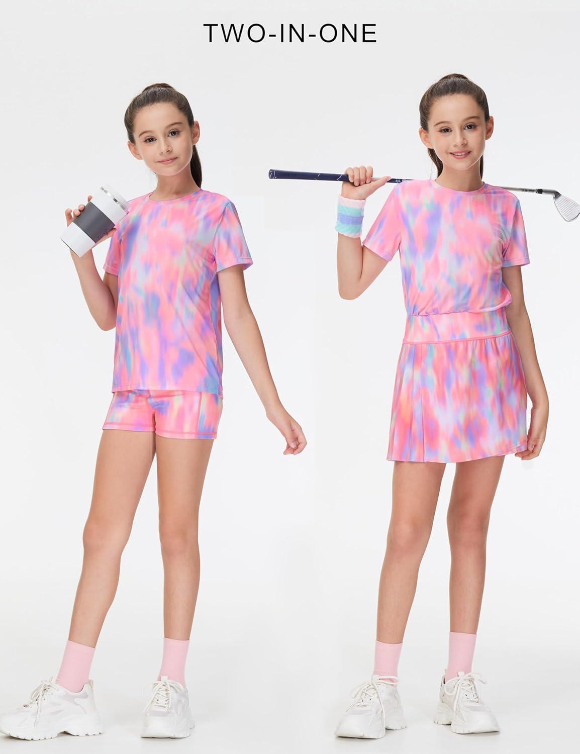 imageTHE GYM PEOPLE Girls Pleated Tennis Skirts 2 in 1 Kids Athletic Running Golf Skorts with Shorts PocketsColorful Pink