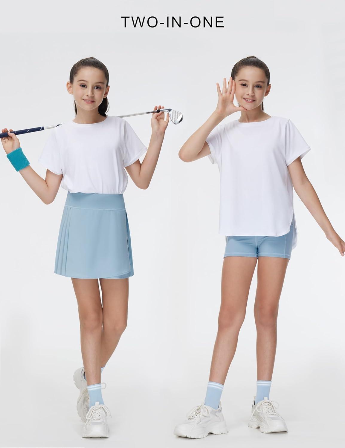 imageTHE GYM PEOPLE Girls Pleated Tennis Skirts 2 in 1 Kids Athletic Running Golf Skorts with Shorts PocketsIce Blue