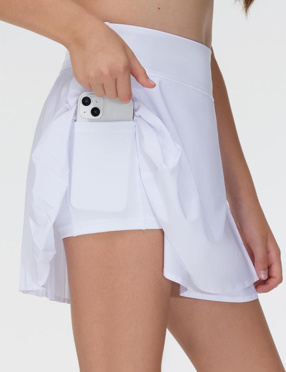 imageTHE GYM PEOPLE Girls Pleated Tennis Skirts 2 in 1 Kids Athletic Running Golf Skorts with Shorts PocketsWhite