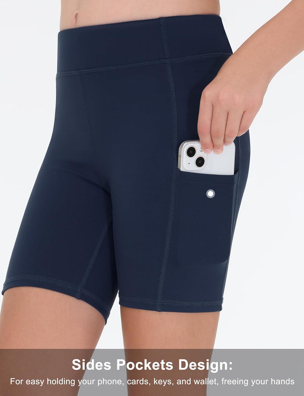 imageTHE GYM PEOPLE Girls Volleyball Shorts Kids High Waist Dance Workout Gymnastics Biker Athletic Shorts with PocketNavy Blue