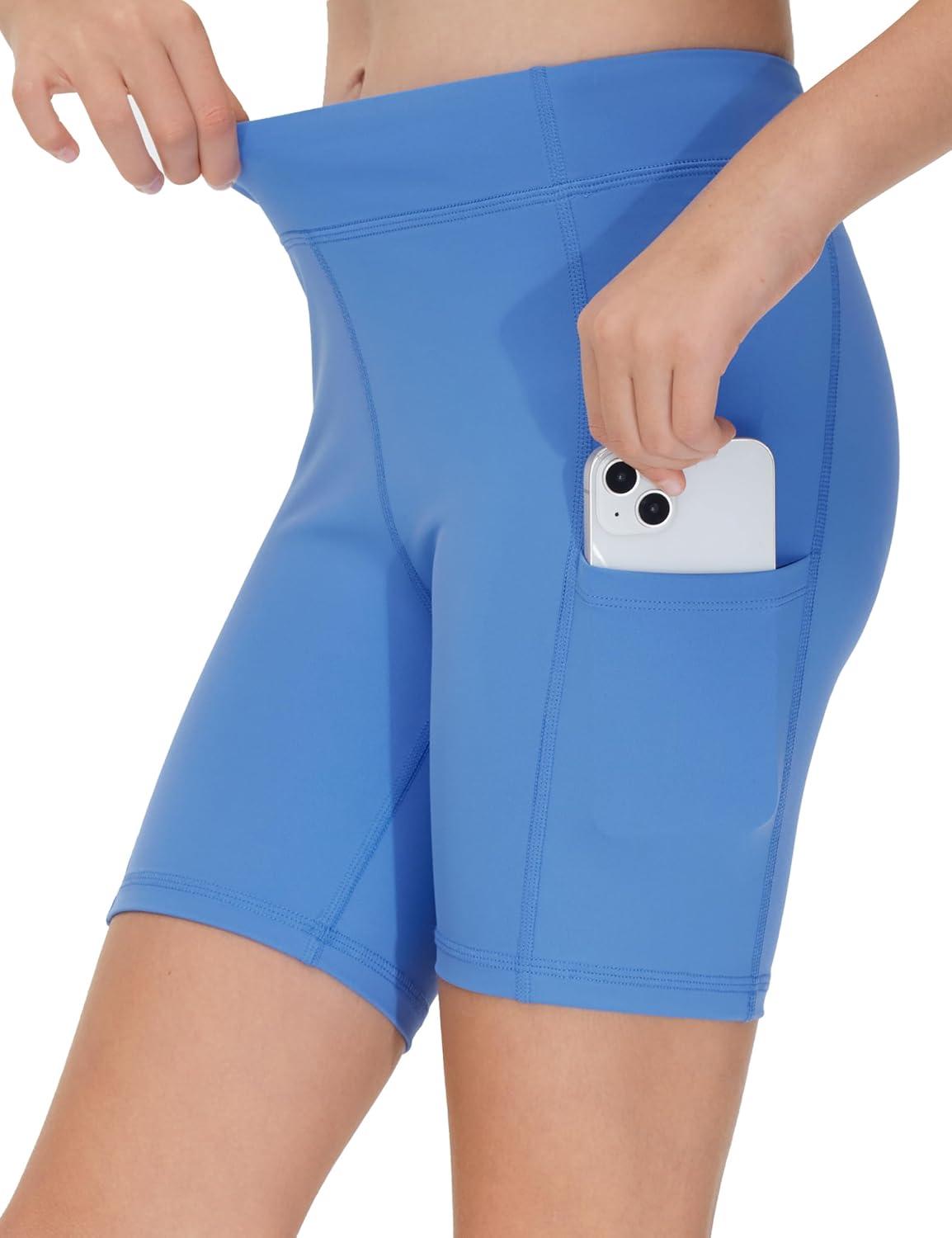 imageTHE GYM PEOPLE Girls Volleyball Shorts Kids High Waist Dance Workout Gymnastics Biker Athletic Shorts with PocketSea Blue