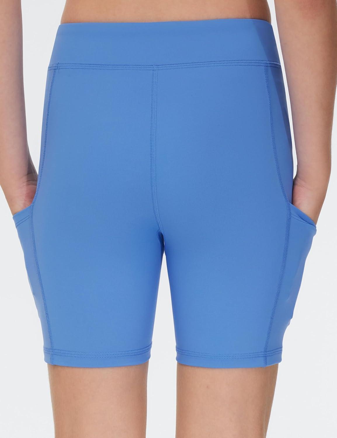 imageTHE GYM PEOPLE Girls Volleyball Shorts Kids High Waist Dance Workout Gymnastics Biker Athletic Shorts with PocketSea Blue