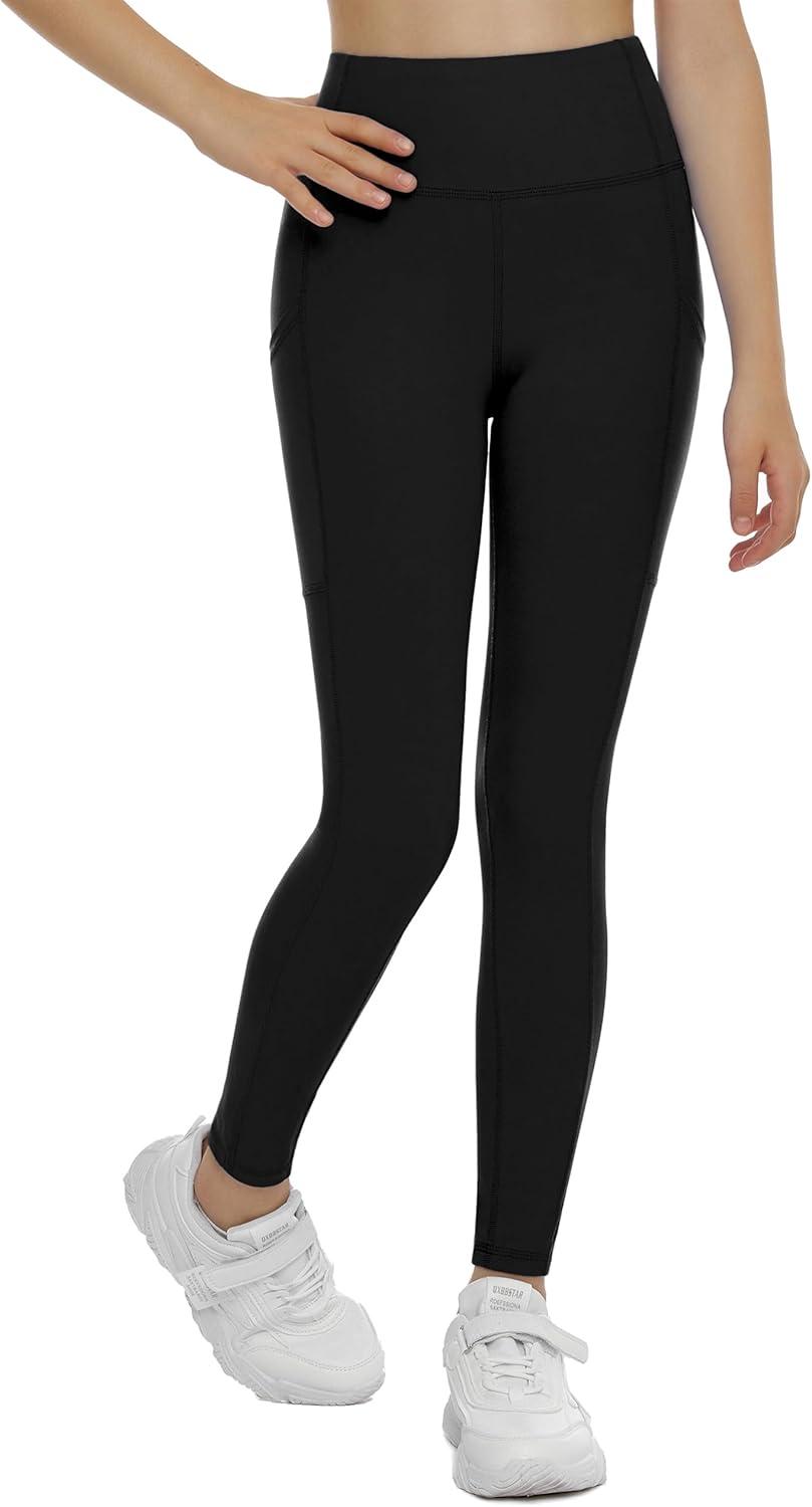 imageTHE GYM PEOPLE Girls Workout Leggings Kids High Waist Stretch Athletic Dance Yoga Pants with PocketsBlack