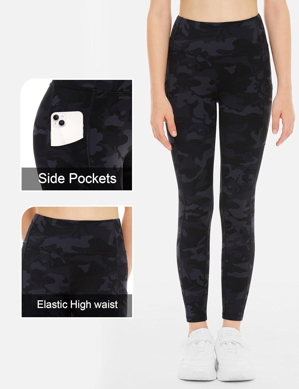 imageTHE GYM PEOPLE Girls Workout Leggings Kids High Waist Stretch Athletic Dance Yoga Pants with PocketsBlackgrey Camo