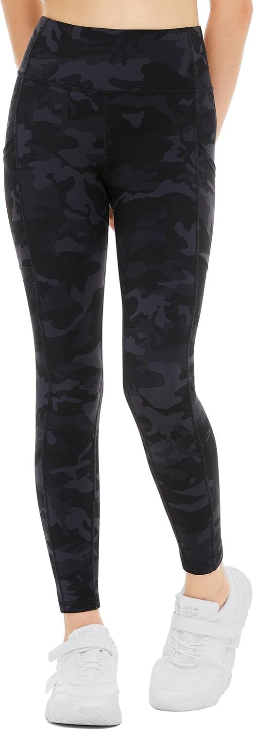 imageTHE GYM PEOPLE Girls Workout Leggings Kids High Waist Stretch Athletic Dance Yoga Pants with PocketsBlackgrey Camo