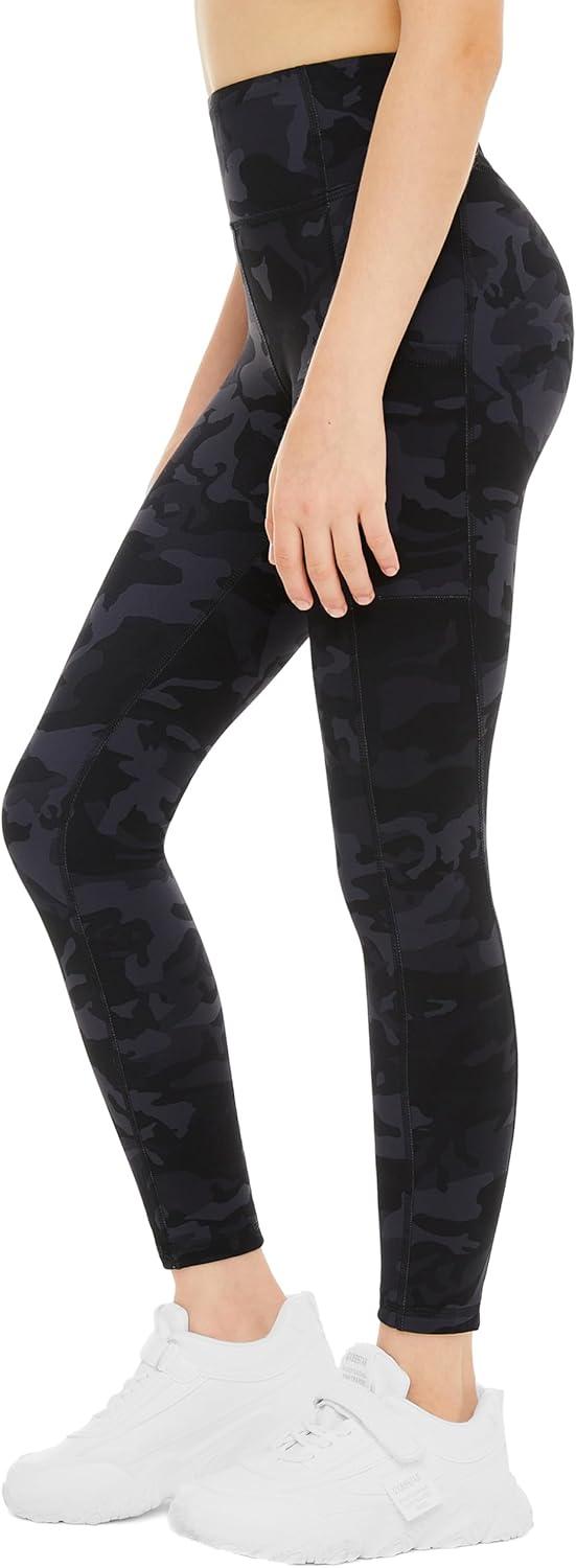 imageTHE GYM PEOPLE Girls Workout Leggings Kids High Waist Stretch Athletic Dance Yoga Pants with PocketsBlackgrey Camo