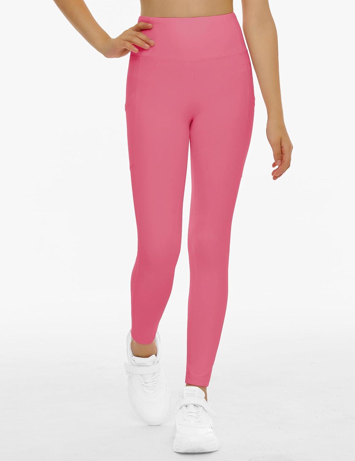 imageTHE GYM PEOPLE Girls Workout Leggings Kids High Waist Stretch Athletic Dance Yoga Pants with PocketsBright Pink