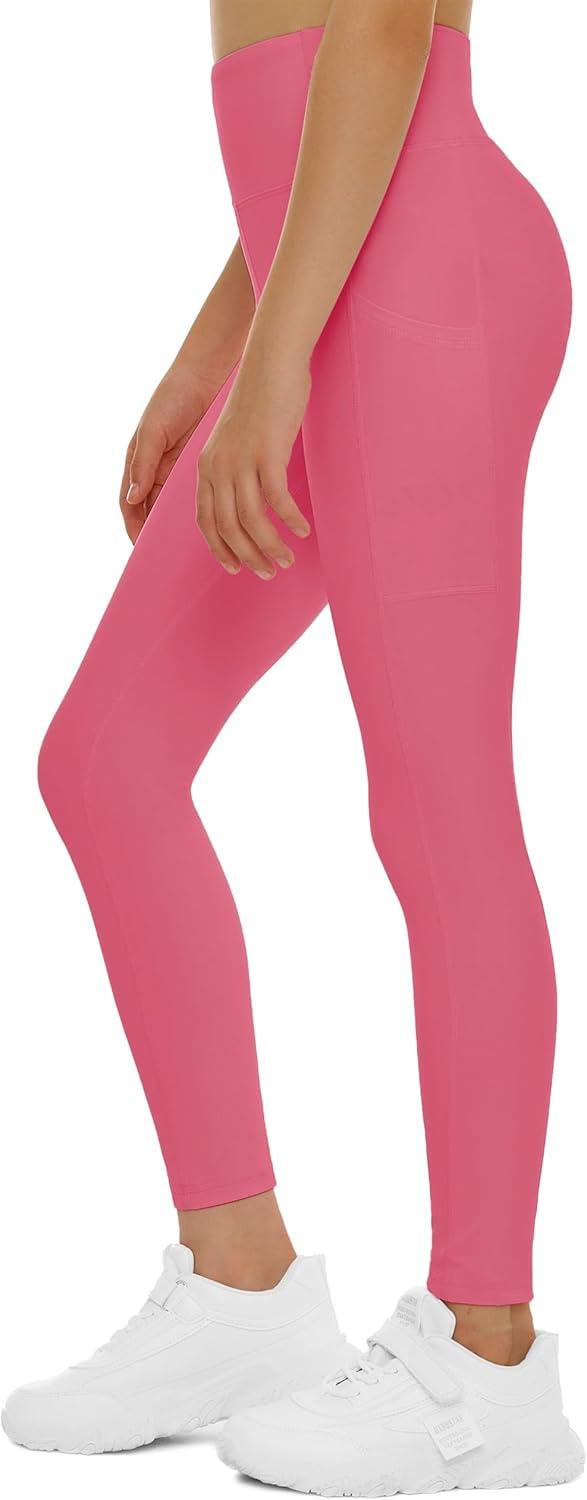 imageTHE GYM PEOPLE Girls Workout Leggings Kids High Waist Stretch Athletic Dance Yoga Pants with PocketsBright Pink