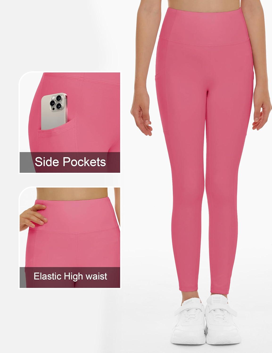 imageTHE GYM PEOPLE Girls Workout Leggings Kids High Waist Stretch Athletic Dance Yoga Pants with PocketsBright Pink